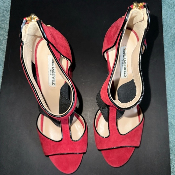 Karl Lagerfeld Paris T Strap Rosalie Red Suede Heels Size 8.5 - Picture 3 of 11